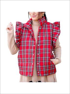 Puffer Vest Ruffle Sleeve Button Down Plaid Padded Gilet Pockets
